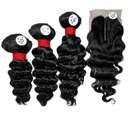 3 Deep Wave Bundles 9A + 4" x 4" U-Shaped Lace Front Closure